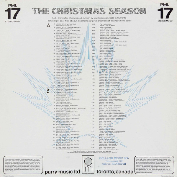 Various - The Christmas Season, Children's, Pop, Holiday, Light Music, Religious, 1979 - Parry Music Library, Canada, Vinyl 1