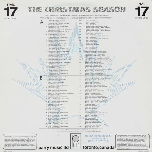 Various - The Christmas Season, Children's, Pop, Holiday, Light Music, Religious, 1979 - Parry Music Library, Canada, Vinyl 1