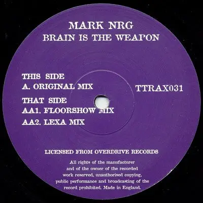 Mark N-R-G - Brain Is The Weapon '98 Remixes, Electronic, Hard House, House, 1998 - Tripoli Trax, UK, Vinyl 1x 12", 33 ⅓ RPM