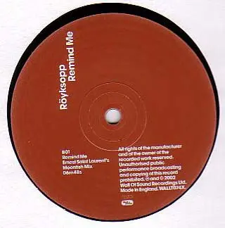Röyksopp - Remind Me, Electronic, Progressive House, 2002 - Wall Of Sound, UK, Vinyl 1x 12", 33 ⅓ RPM