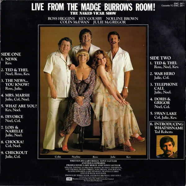 Album cover for Live From The Madge Burrows Room! / The Naked Vicar Show by Ross Higgins, Noeline Brown, Kev Golsby, Colin McEwan And Julie McGregor