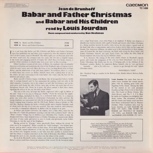Louis Jourdan - Babar and Father Christmas and Babar and His Children - 1976 - Holiday, Story - Caedmon Records - Vinyl 1x LP