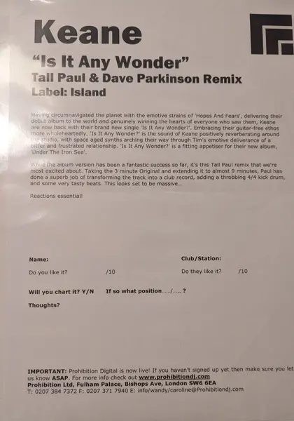 Keane - Is It Any Wonder?, Electronic, Rock, Alternative Rock, House, 2006 - Island Records, UK, Vinyl 1x 12", 33 ⅓ RPM, Prom