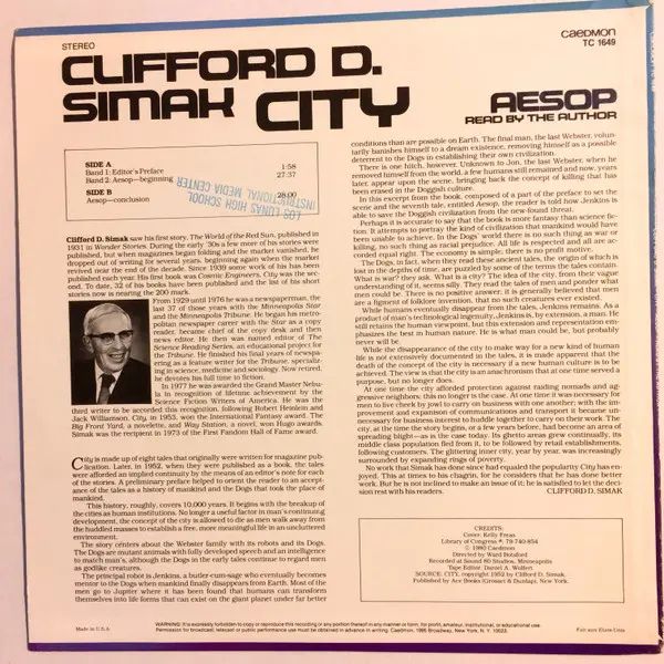 Clifford D. Simak - City, Non-Music, Spoken Word, 1980 - Caedmon Records, US, Vinyl 1x LP, Album, Stereo