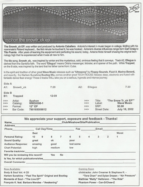 Syphon - The Snowtr_ck EP, Electronic, House, Tech House, Techno, Tribal House, 2002 - Wave Music, US, Vinyl 1x 12", 33 ⅓ RPM