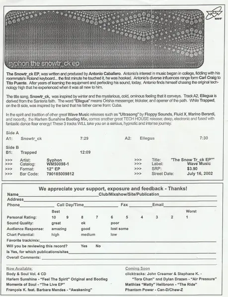 Syphon - The Snowtr_ck EP, Electronic, House, Tech House, Techno, Tribal House, 2002 - Wave Music, US, Vinyl 1x 12", 33 ⅓ RPM