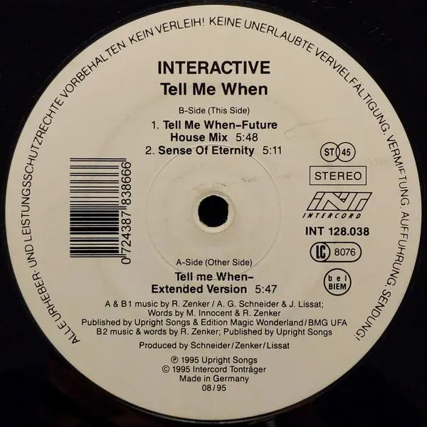 Interactive - Tell Me When, Electronic, Happy Hardcore, Hard Trance, Trance, 1995 - Blow Up, Intercord, Germany, Vinyl 1x 12"