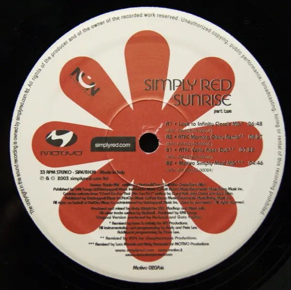 Simply Red - Sunrise (Part Two), Electronic, House, 2003 - Motivo Productions, Italy, Vinyl 1x 12"