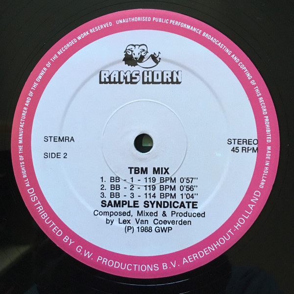 Sample Syndicate - TBM Mix, Electronic, Acid House, 1988 - Rams Horn Records, Netherlands, Vinyl 1x 12", 45 RPM, Maxi-Single,