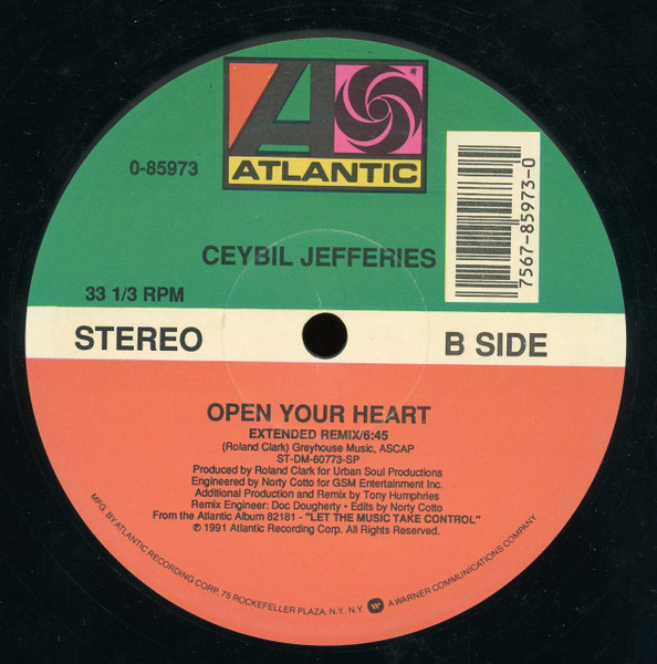Ceybil Jefferies - Open Your Heart, Electronic, Garage House, 1991 - Atlantic, US, Vinyl 1x 12", 33 ⅓ RPM