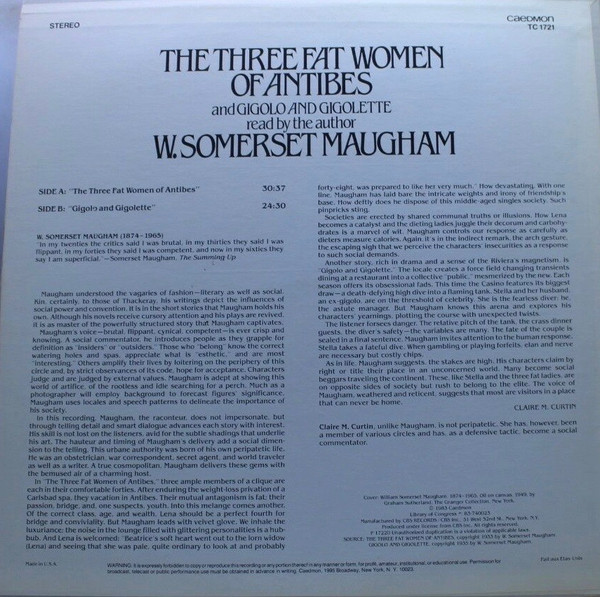 W. Somerset Maugham - The Three Fat Women Of Antibes And Gigolo And Gigolette, Non-Music, Spoken Word, 1983 - Caedmon Records
