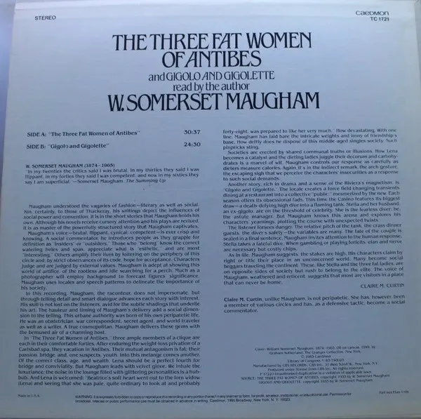 W. Somerset Maugham - The Three Fat Women Of Antibes And Gigolo And Gigolette, Non-Music, Spoken Word, 1983 - Caedmon Records