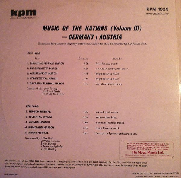 Unknown Artist - Music Of The Nations, Volume 3 - Germany / Austria, Folk, World, & Country, Jazz, Stage & Screen, 1968 - KPM