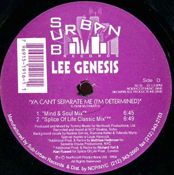 Lee Genesis - Ya Can't Separate Me (I'm Determined), Electronic, House, 1994 - Sub-Urban, US, Vinyl 2x 12", 33 ⅓ RPM