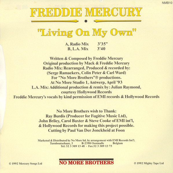 Freddie Mercury - Living On My Own (The Remixes) - 1992 - Synth-pop - No More Brothers - Vinyl 1x 7", 45 RPM, Single, Stereo