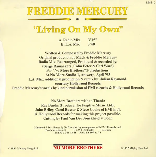 Freddie Mercury - Living On My Own (The Remixes) - 1992 - Synth-pop - No More Brothers - Vinyl 1x 7", 45 RPM, Single, Stereo