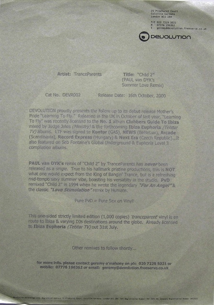 Tranceparents - Child 2, Electronic, Trance, 2000 - Devolution, UK, Vinyl 1x 12", Single Sided, Promo, Limited Edition, 45 RP