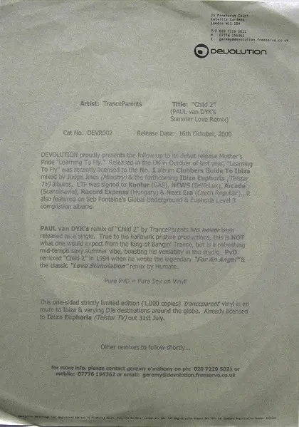 Tranceparents - Child 2, Electronic, Trance, 2000 - Devolution, UK, Vinyl 1x 12", Single Sided, Promo, Limited Edition, 45 RP