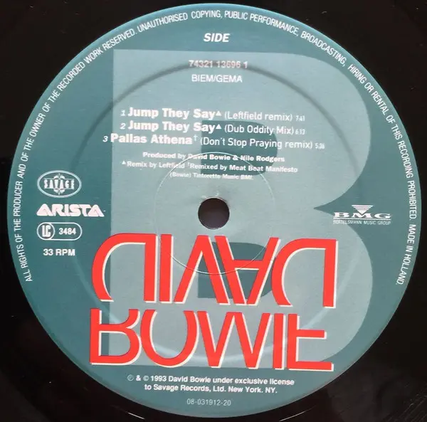 David Bowie - Jump They Say, Electronic, Breakbeat, Hard House, House, 1993 - Arista, Bertelsmann Music Group, Savage Records