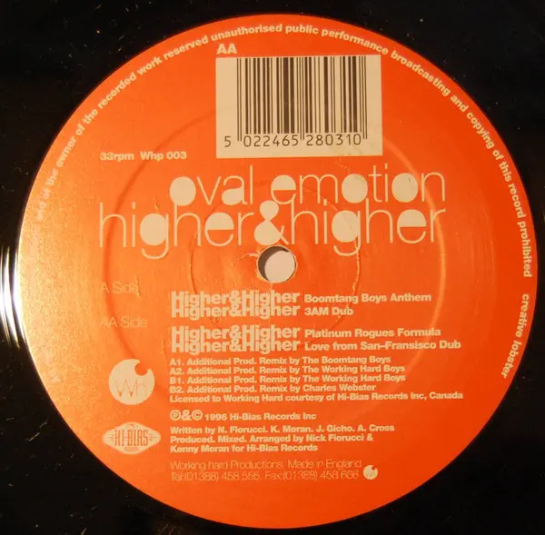 Oval Emotion - Higher & Higher, Electronic, Deep House, House, 1996 - Working Hard Productions, UK, Vinyl 1x 12"