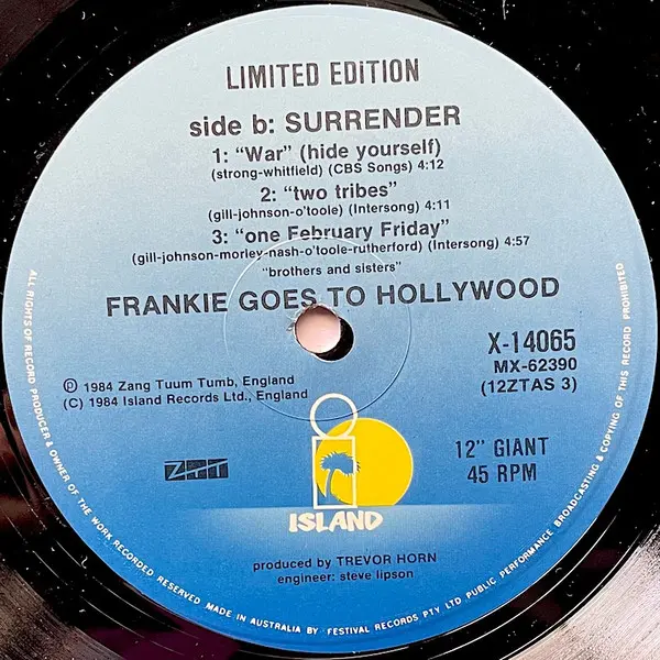 Frankie Goes To Hollywood - Two Tribes, Electronic, Synth-pop, 1984 - Island Records, ZTT, Australia, Vinyl 1x 12", 45 RPM, L