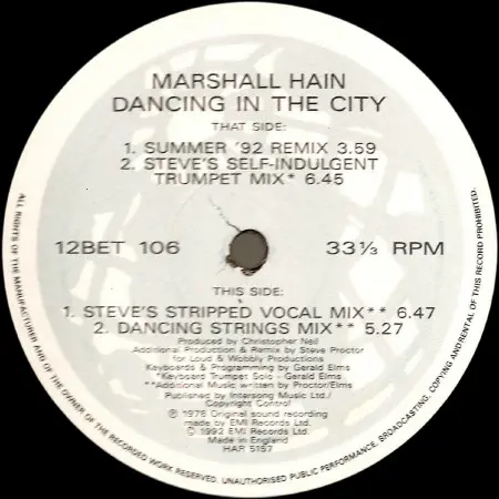 Marshall Hain - Dancing In The City - 1992 - Downtempo, House - Better Days - Vinyl 1x 12", 33 ⅓ RPM