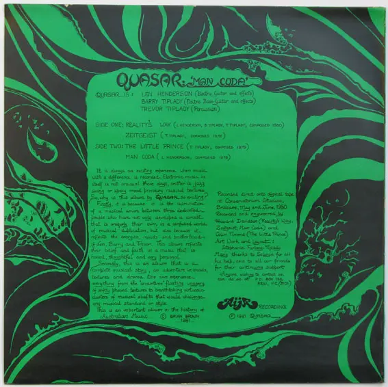 Quasar (12) - Man Coda, Jazz, Rock, Jazz-Rock, Prog Rock, 1981 - AIJA Recording, Australia, Vinyl 1x LP, Album