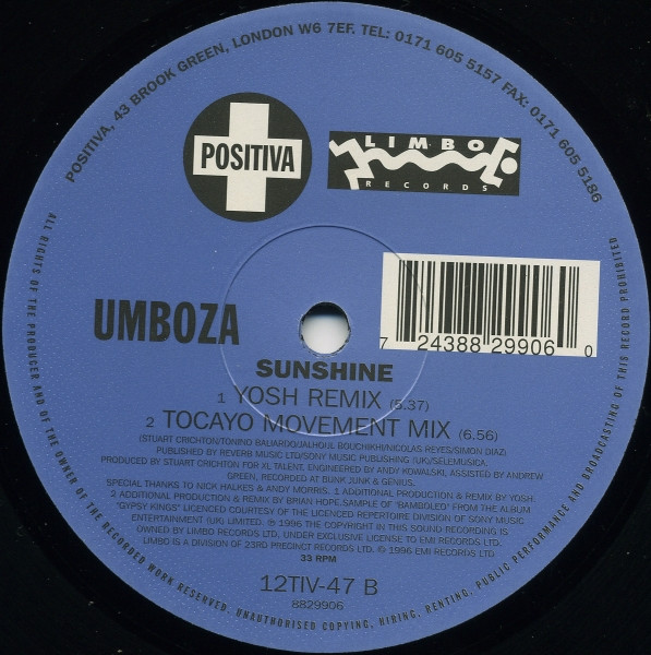Umboza - Sunshine, Electronic, House, 1996 - Positiva, UK, Vinyl 1x 12", 33 ⅓ RPM, Single