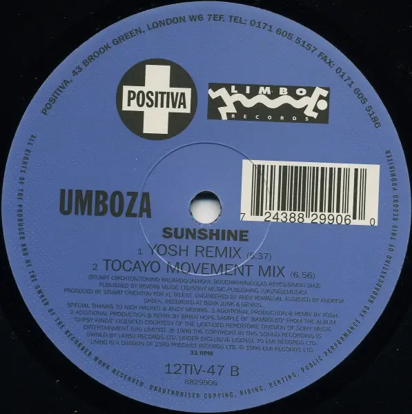 Umboza - Sunshine, Electronic, House, 1996 - Positiva, UK, Vinyl 1x 12", 33 ⅓ RPM, Single