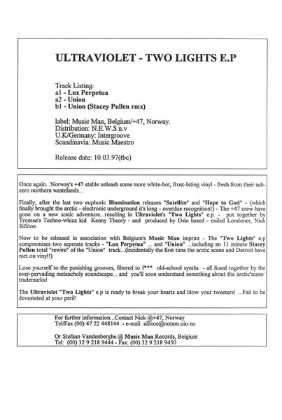 Ultraviolet (2) - Two Lights, Electronic, Techno, 1997 - Music Man Records, Belgium, Vinyl 1x 12"