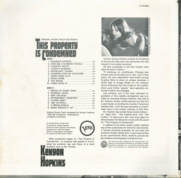 Kenyon Hopkins - This Property Is Condemned - Original Sound Track Album, Jazz, Stage & Screen, Score, Soundtrack, Theme, 196