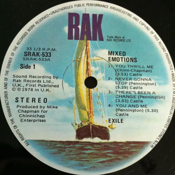 Exile (7) - Mixed Emotions - 1978 - Disco, Soft Rock - RAK - Vinyl 1x LP, Album