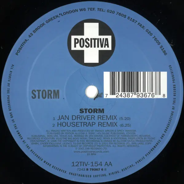 Storm - Storm, Electronic, Hard House, Hard Trance, House, 2001 - Positiva, UK, Vinyl 1x 12", 45 RPM, 33 ⅓ RPM