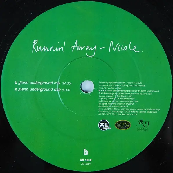 Nicole J McCloud - Runnin'  Away, Electronic, Deep House, Garage House, 1996 - Ore Music, XL Recordings, UK, Vinyl 1x 12", 33