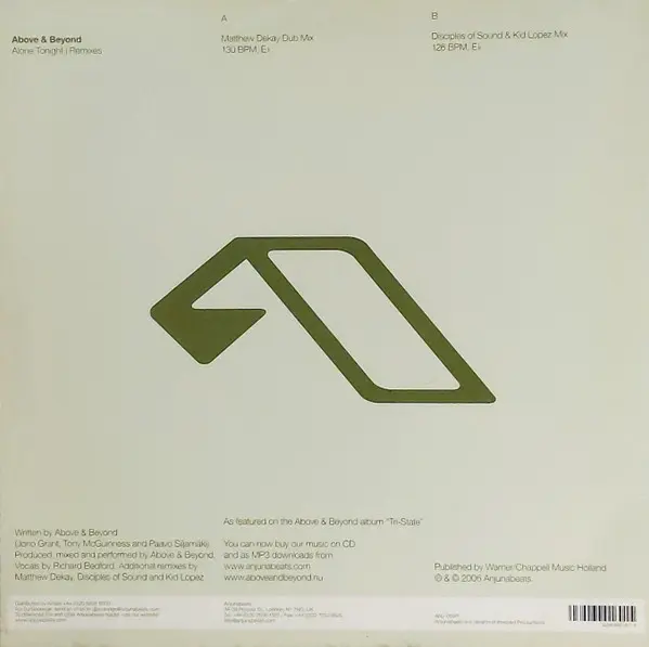 Above & Beyond - Alone Tonight | Remixes, Electronic, Progressive House, 2006 - Anjunabeats, UK, Vinyl 1x 12", 33 ⅓ RPM