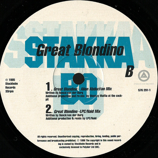 Stakka Bo - Great Blondino, Electronic, Acid Jazz, Breakbeat, Downtempo, 1995 - Stockholm Records, UK, Vinyl 1x 12", 33 ⅓ RPM