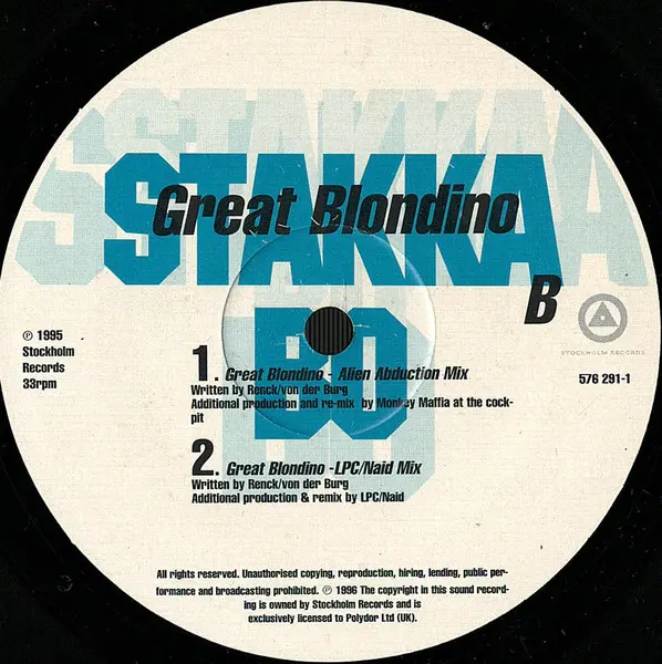 Stakka Bo - Great Blondino, Electronic, Acid Jazz, Breakbeat, Downtempo, 1995 - Stockholm Records, UK, Vinyl 1x 12", 33 ⅓ RPM