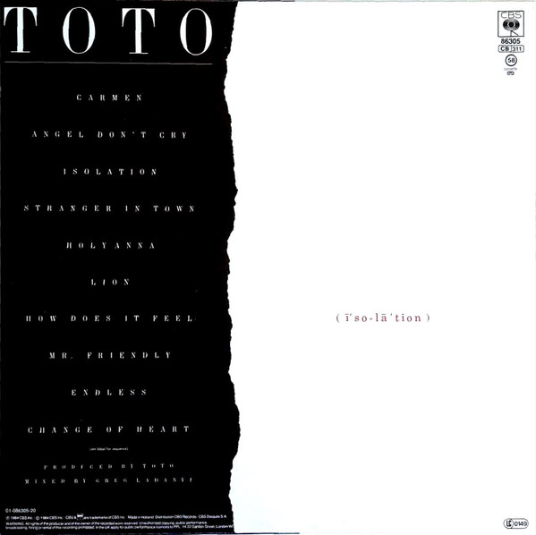 Toto - Isolation - 1984 -Pop Rock -CBS -Vinyl 1x LP, Album, Stereo
