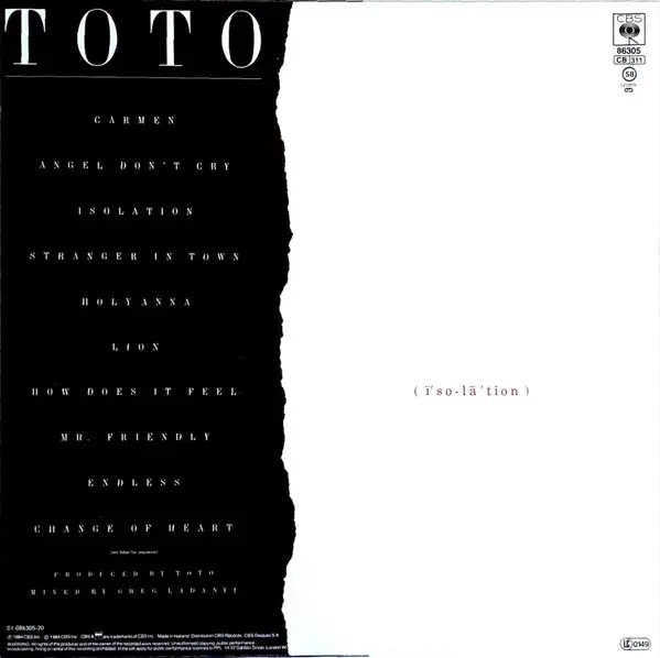 Toto - Isolation - 1984 -Pop Rock -CBS -Vinyl 1x LP, Album, Stereo