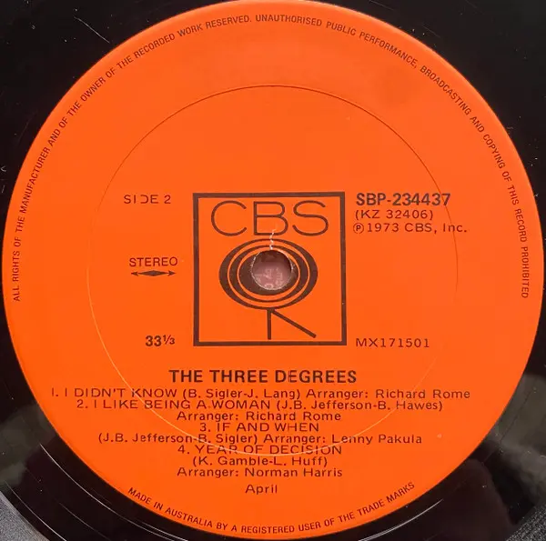Three Degrees, The - The Three Degrees, Funk / Soul, Disco, Soul, 1973 - CBS, Australia, Vinyl 1x LP, Album, Stereo Gatefold
