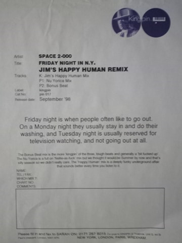 Space 2-000 - Friday Night In N.Y., Electronic, House, 1998 - Kingpin, UK, Vinyl 1x 12"