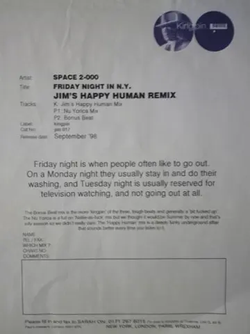 Space 2-000 - Friday Night In N.Y., Electronic, House, 1998 - Kingpin, UK, Vinyl 1x 12"