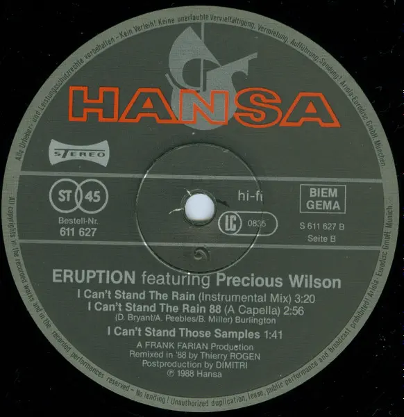 Eruption (4) Featuring Precious Wilson - I Can't Stand The Rain 88, Electronic, Funk / Soul, Euro-Disco, Italo House, 1988 - 