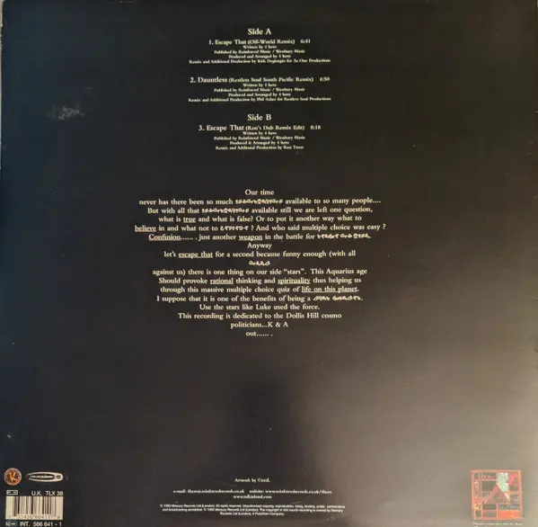 4 Hero - Escape That, Electronic, Deep House, Drum n Bass, Future Jazz, Techno, 1999 - Talkin' Loud, UK, Vinyl 1x 12", 33 ⅓ R