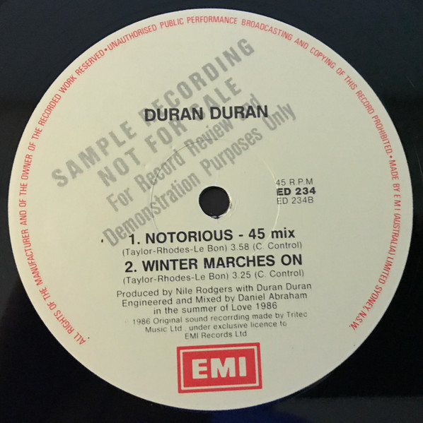 Duran Duran - Notorious, Electronic, Pop, Synth-pop, 1986 - EMI, Australia, Vinyl 1x 12", 45 RPM