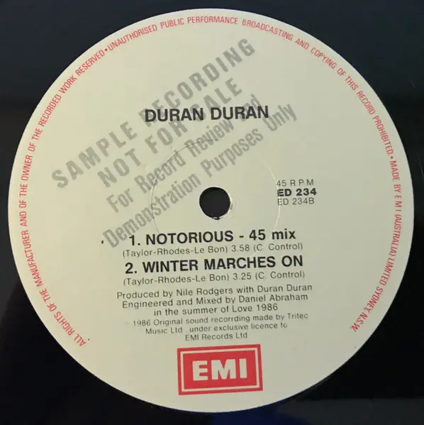 Duran Duran - Notorious, Electronic, Pop, Synth-pop, 1986 - EMI, Australia, Vinyl 1x 12", 45 RPM