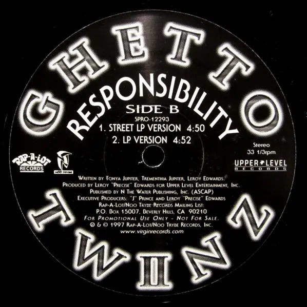 Ghetto Twiinz - Responsibility, Hip Hop, Gangsta, 1997 - Noo Trybe Records, Rap-A-Lot Records, US, Vinyl 1x Promo, 12"