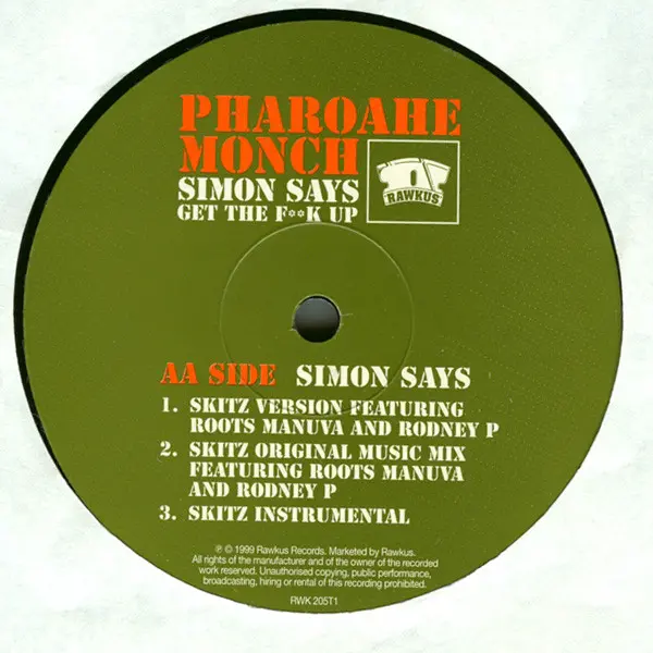 Pharoahe Monch - Simon Says (The Remixes), Electronic, Hip Hop, Drum n Bass, Hardcore Hip-Hop, 1999 - Rawkus, Europe, Vinyl 1