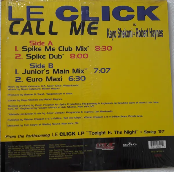 Le Click - Call Me, Electronic, Euro House, 1997 - Logic Records, US, Vinyl 1x 12", 33 ⅓ RPM, Maxi-Single, Stereo