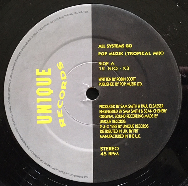 All Systems Go - Pop Muzik (Tropical Mix), Electronic, Synth-pop, 1988 - Unique Records, UK, Vinyl 1x 12", 45 RPM Red/Yellow 